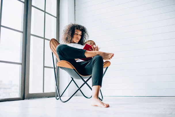 Content young ethnic woman with curly hair wearing comfy home clothes and reading book while sitting barefoot in armchair in white room - Foto, afbeelding
