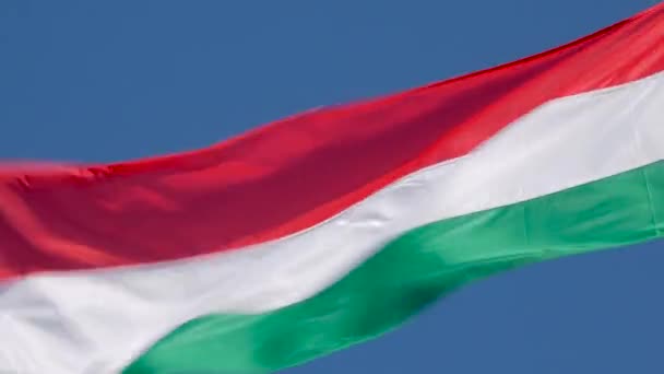 Bandeira nacional da Hungria acenando ao vento sobre fundo azul. A bandeira da República da Hungria está voando no céu
. - Filmagem, Vídeo