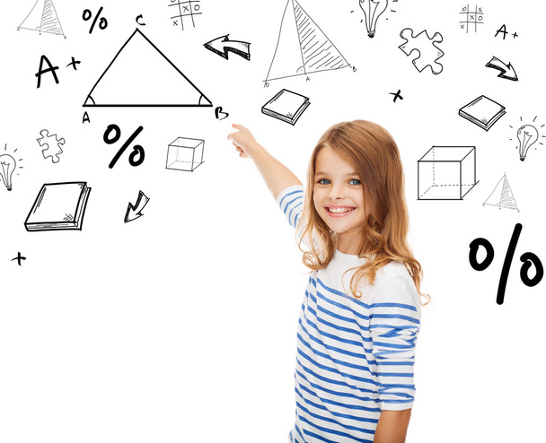 Girl pointing to triangle on virtual screen - Foto, Imagem