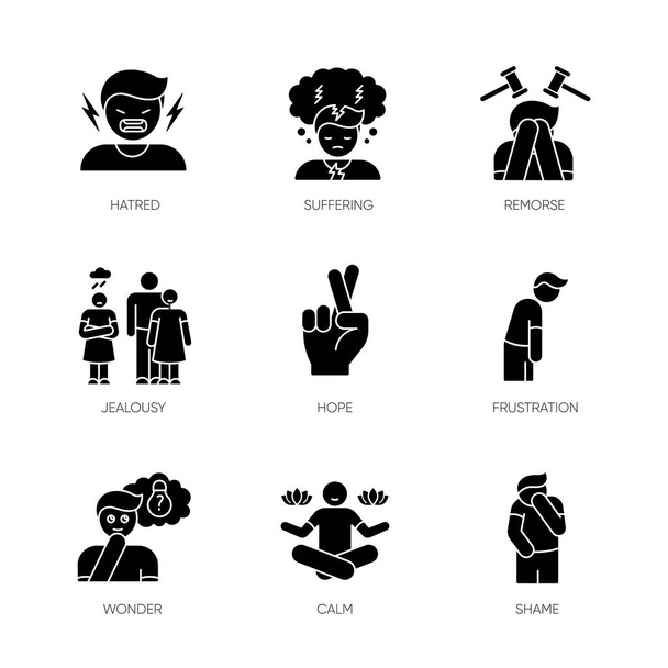 Feeling black glyph icons set on white space. Social and moral emotion. Psychological disorder treatment. Positive attitude. Mental health issue. Silhouette symbols. Vector isolated illustration - Vector, Image