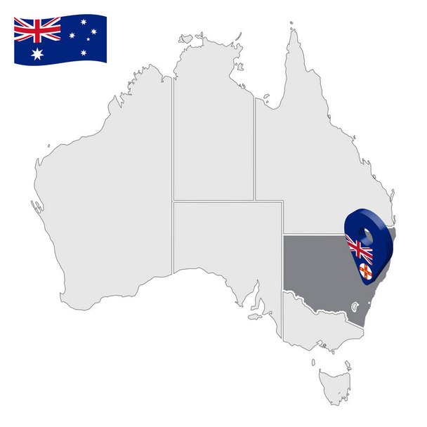 オーストラリア地図上のニューサウスウェールズ州の場所。3dニューサウスウェールズ州フラグマップマーカーの位置ピン。ウェブサイトのデザイン、アプリ、 UIのためのオーストラリアの州との品質マップ。EPS10. - ベクター画像