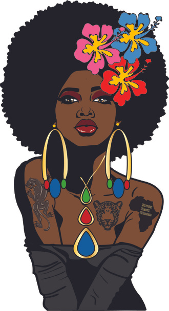 A beautiful black sexy woman with a large Afro hairstyle,tattoos hibiscus flowers,large stylish earrings and stylish necklace. - Photo, Image