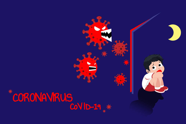 O rapaz esconde-se atrás da porta com medo e solidão. Durante a situação do Coronavirus (CoVID-19)
. - Vetor, Imagem