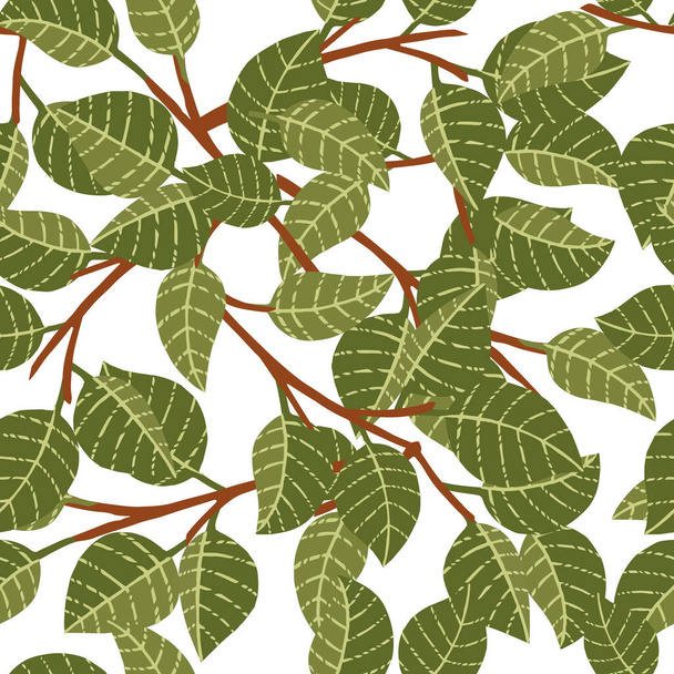 Seamless pattern of green leaves on tree branches flat vector illustration on white background. - Vector, Image