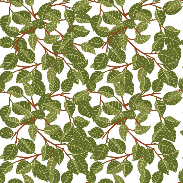 Naadloos patroon van groene bladeren op boomtakken vlakke vector illustratie op witte achtergrond. - Vector, afbeelding
