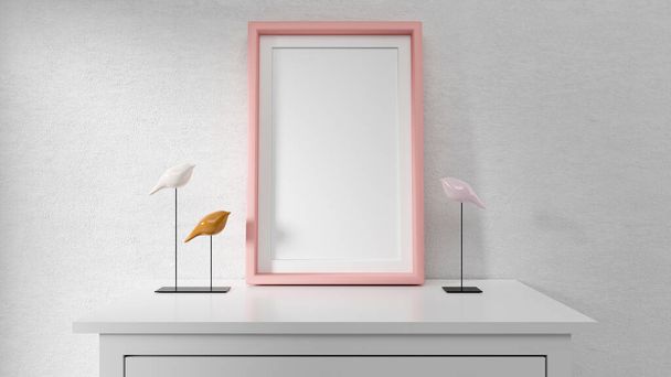Cartel maqueta con marco vertical de color rosa en la pared en la habitación. Renderizado 3D
.  - Foto, imagen