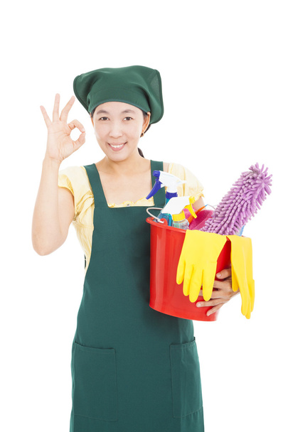 happy cleaner woman with ok gesture - Φωτογραφία, εικόνα