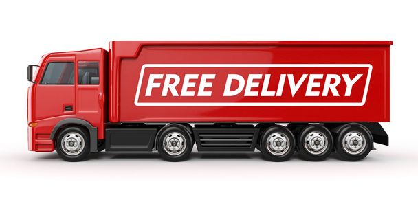 Caminhão vermelho 3d com texto de entrega gratuita - isolado
 - Foto, Imagem