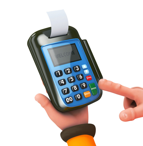 3d Hand swiping generic credit card on an over counter POS - Photo, Image