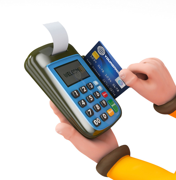 3D dłoni przesuwając ogólny karty kredytowej na ponad licznik pos - Zdjęcie, obraz