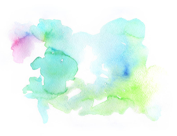 Bright colorful vibrant hand painted isolated watercolor spot splash on white background in aquamarine, blue, cyan and green colors. For decoration, cards, highlight and website design. - Photo, image