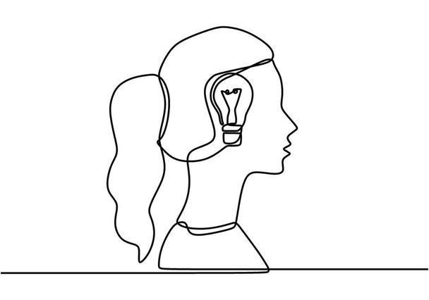 Yksi linja jatkuva piirtää nainen hehkulamppu. Sähkölamppu symboli idea. Ajatus ajatuksista ihmisen pään sisällä. Trendikäs tasainen vektori valkoisella taustalla
. - Vektori, kuva