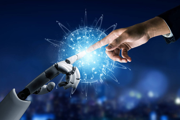 3D Rendering futuristico robot sviluppo tecnologico, intelligenza artificiale AI, e il concetto di apprendimento automatico. Ricerca scientifica bionica robotica globale per il futuro della vita umana. - Foto, immagini