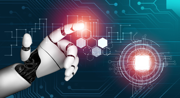 3Dレンダリング未来型ロボット技術開発、人工知能AI 、機械学習の概念。人間の未来のための世界的なロボット生物科学研究. - 写真・画像