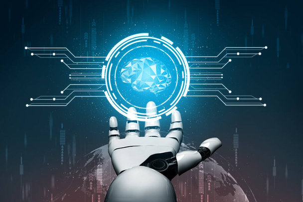 Desarrollo de tecnología robótica futurista de renderizado 3D, inteligencia artificial y concepto de aprendizaje automático. Investigación científica biónica robótica global para el futuro de la vida humana
. - Foto, imagen