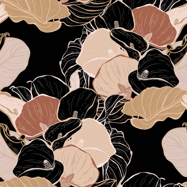 Elegant seamless pattern with calla flowers, design elements. Floral  pattern for invitations, cards, print, gift wrap, manufacturing, textile, fabric, wallpapers - Vector, afbeelding