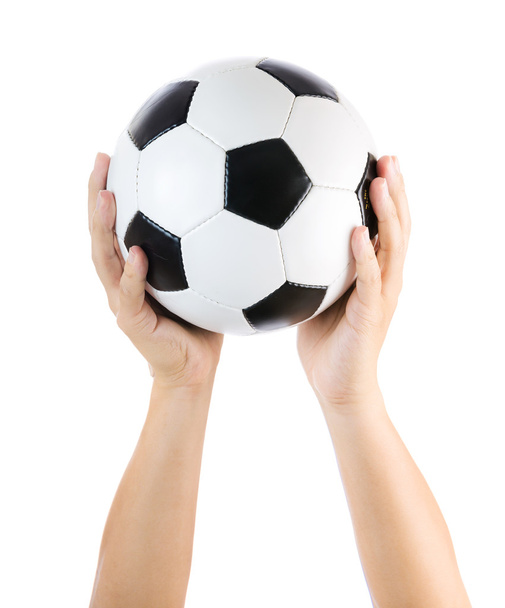 Hands holding soccer ball up isolated on white - Photo, Image