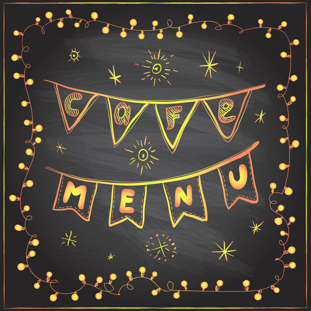 Chalk cafe festive menu board with golden flags garland and star frame - Vetor, Imagem