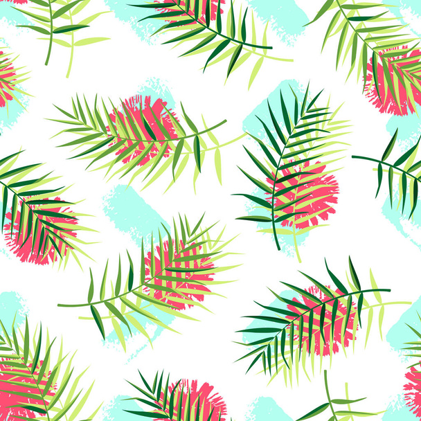 Tropical seamless pattern with palm leaves and red flowers on white background. Vector illustration of summer. Exotic wallpaper. For web design, banners, scrapbooking, printing on fabric, wrapping. - Vector, Image