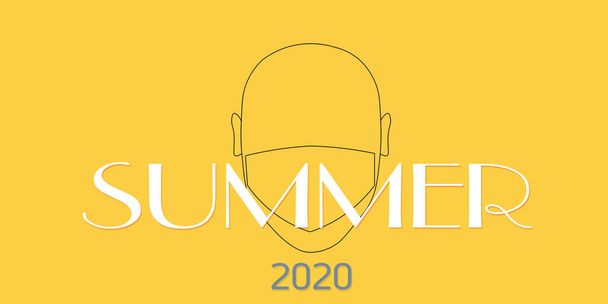 Lato 2020. Kontur głowy. Zamaskowany człowiek. Żółte tło - Zdjęcie, obraz