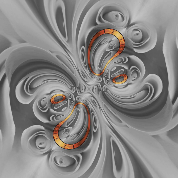 Коллаж цветной оранжевой цветочной головы в сочетании с текстурированной цветущей розой натурального бежевого цвета, преобразованной в сложные футуристические геометрические узоры и конструкции сложного стиля циклона
 - Фото, изображение
