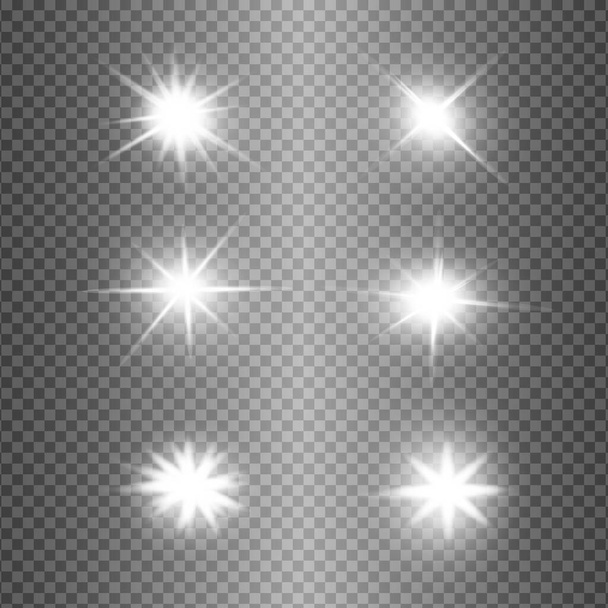 Weißes, glühendes Licht explodiert auf einem transparenten Hintergrund. Funkelnde magische Staubpartikel. Heller Stern. Transparent strahlende Sonne, heller Blitz. Vektor funkelt. Um einen hellen Blitz zu zentrieren - Vektor, Bild