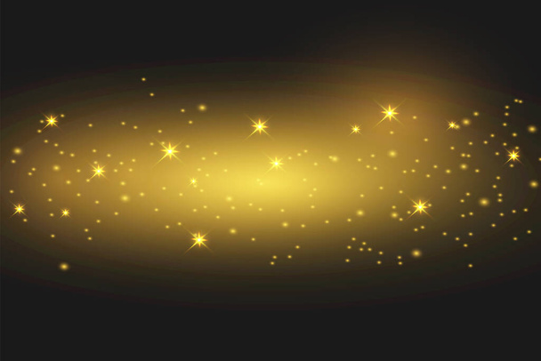 Gloeiende magische stofdeeltjes. Het stof vonken en gouden sterren schitteren met speciaal licht. Vector schittert op een zwarte achtergrond. - Vector, afbeelding