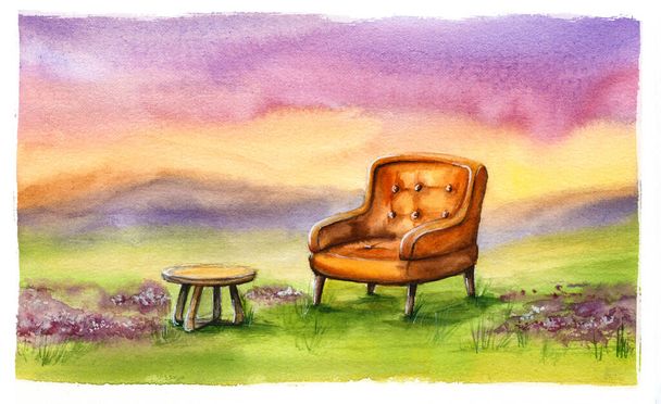 Hand drawn watercolor illustration with an orange armchair in the middle of a flower field. Fantasy landscape with furniture at sunset or sunrise. Stay home and relax concept. - Photo, Image