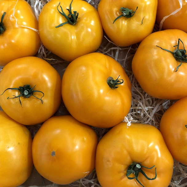 Makro-Foto Gemüse gelbe Tomaten. Archivbild Obstgemüse Tomate liegt in Reihen. Illustration Hintergrund Gemüse von gelben Tomaten  - Foto, Bild
