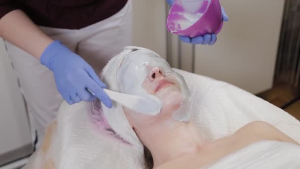 Professionele schoonheidsspecialiste die een gezichtsmasker op een vrouw aanbrengt. - Video