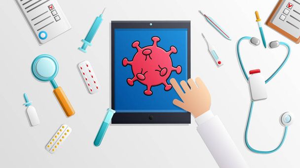Un médico presiona una tableta digital con una mano sobre un touchpad digital con el virus pandémico coronovirus covid-19 en el laboratorio o consultorio médico. Ilustración vectorial
 - Vector, Imagen
