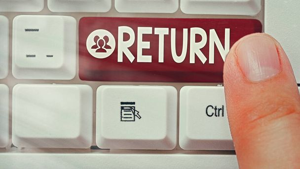 Text sign showing Return. Conceptual photo come or go back to a place or an individual Give money you took before. - Photo, Image