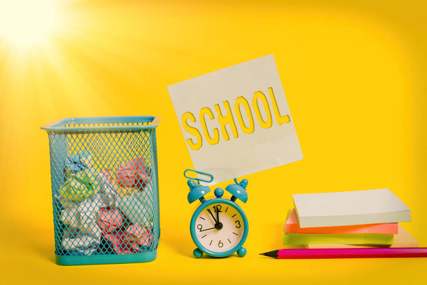 Writing note showing School. Business photo showcasing any institution which instruction is given in particular discipline Alarm clock pencil note paper balls container pads colored background. - Photo, Image