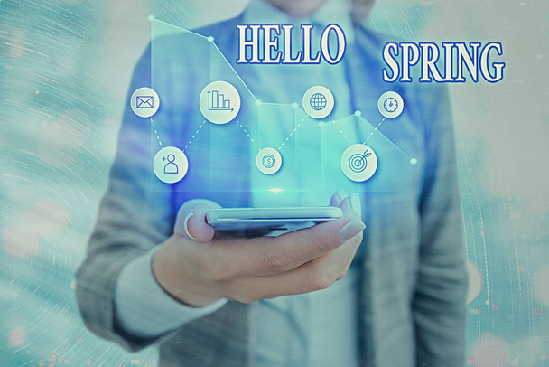 Signo de texto que muestra Hello Spring. Foto conceptual Acoger la temporada después del invierno Florecimiento de flores
. - Foto, Imagen