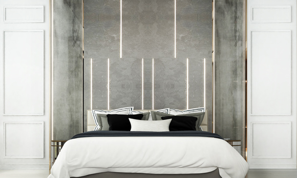 Modern yatak odası iç tasarımı ve mermer duvar arka planı - Fotoğraf, Görsel