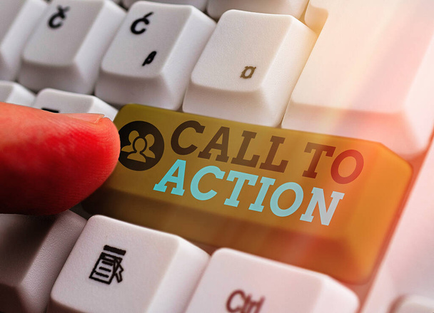 Writing note showing Call To Action. Business photo showcasing exhortation do something in order achieve aim with problem. - Photo, Image