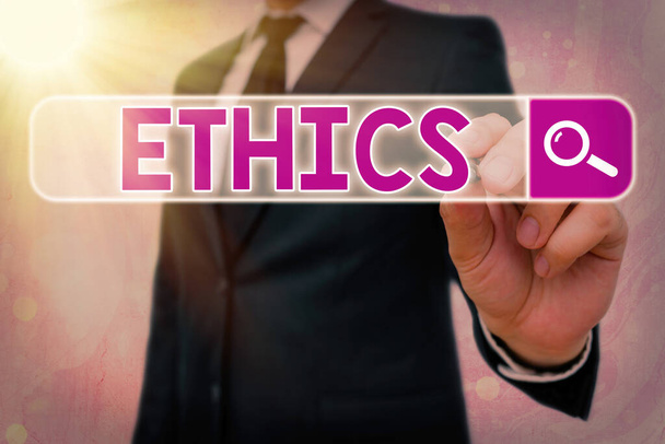 Word writing text Ethics. Business concept for the moral philosophy or code of morals practiced by an individual. - Photo, Image