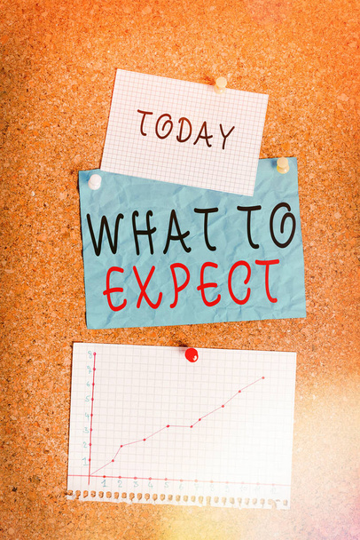 Word writing text What To Expect. Business concept for asking about regard something as likely to happen occur Corkboard color size paper pin thumbtack tack sheet billboard notice board. - Photo, Image