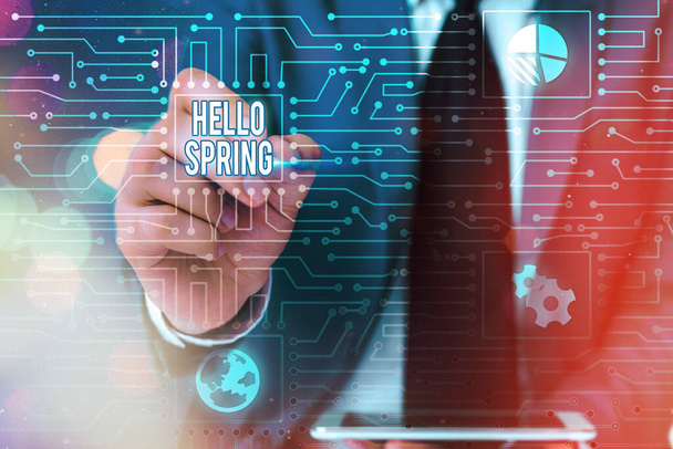 Szövegíró szöveg Hello Spring. Üzleti koncepció a tél utáni szezon üdvözlésére Virágok virágzása. - Fotó, kép