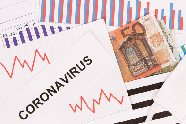 Inscription coronavirus, currencies euro and downward graphs representing financial crisis caused by Covid-19. Risk of global recession around world - Fotografie, Obrázek