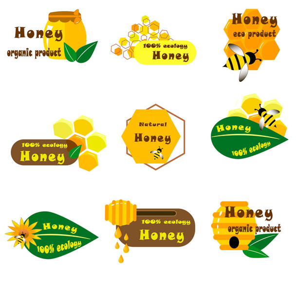 Logo de ilustración con texto. Miel, abeja, avispa en estilo plano icono sobre fondo blanco
. . - Foto, imagen