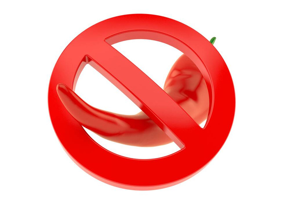 Heißer Paprika mit verbotenem Symbol auf weißem Hintergrund. 3D-Illustration - Foto, Bild