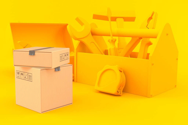 Tło sprzętowe z stosem pudełek w kolorze pomarańczowym. Ilustracja 3D - Zdjęcie, obraz