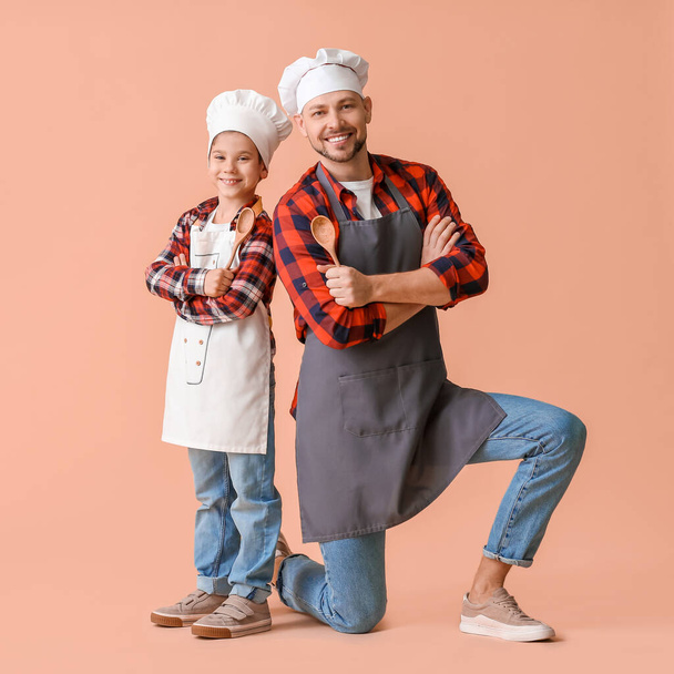 Mies kokki ja hänen pieni poikansa väri tausta
 - Valokuva, kuva