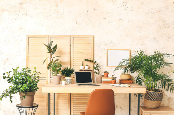 Комфортне робоче місце з сучасним ноутбуком і зеленими кімнатними рослинами
 - Фото, зображення