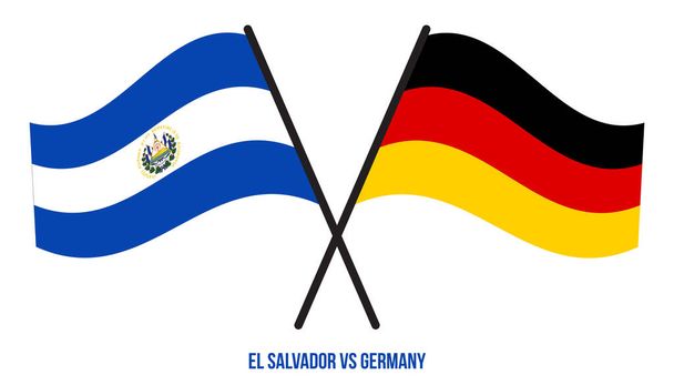 Banderas de El Salvador y Alemania cruzadas y ondeando estilo plano. Proporción oficial. Colores correctos
. - Vector, imagen
