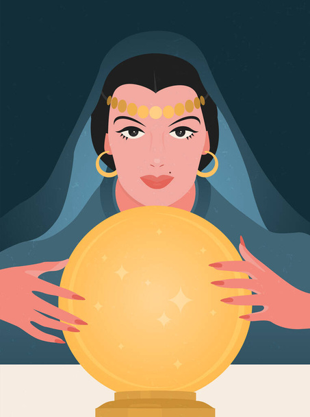 A girl in a fortune-teller costume divines on a magic ball. Magical predictions. Flat vector illustration. - Vector, Image