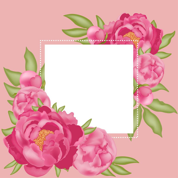 Background with place for text, with pink peonies, buds and green leaves, on a pink background, stock vector illustration for design and decor, banner, postcard, business card, frame. - Vektor, Bild