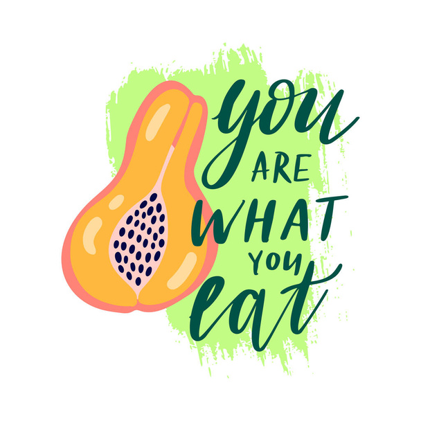 You are what you eat. Healthy food quote lettering with lemon citrus frame. Vector illustration isolated on white background. Vectorhand drawn typography design for card, decoration, prints, posters. - Vektor, kép