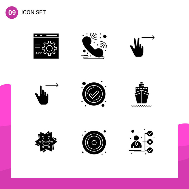Mobile Interface Solid Glyph Set of 9 Pictograms of tick, swipe, fingers, slide, gestures Editable Vector Design Elements - Vektor, obrázek